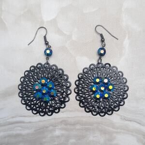 Very Large Black with Blue Iridescent Gems Statement Dangle Earrings
